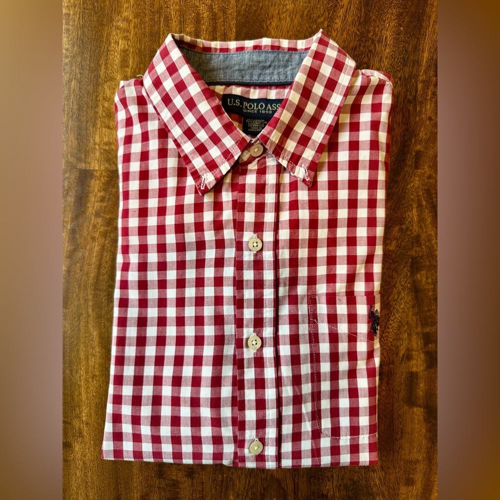 U.S. Polo Assn. Long Sleeve Button Down Shirt, Red Plaid Checkered, Medium